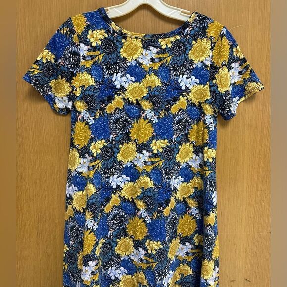 LuLaRoe XXS Carly Blue Gold Floral Knit Crewneck Short Sleeve High Low Dress - Picture 4 of 6